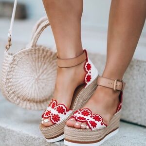 See by Chloe Red and White Eyelet Espadrille Wedges